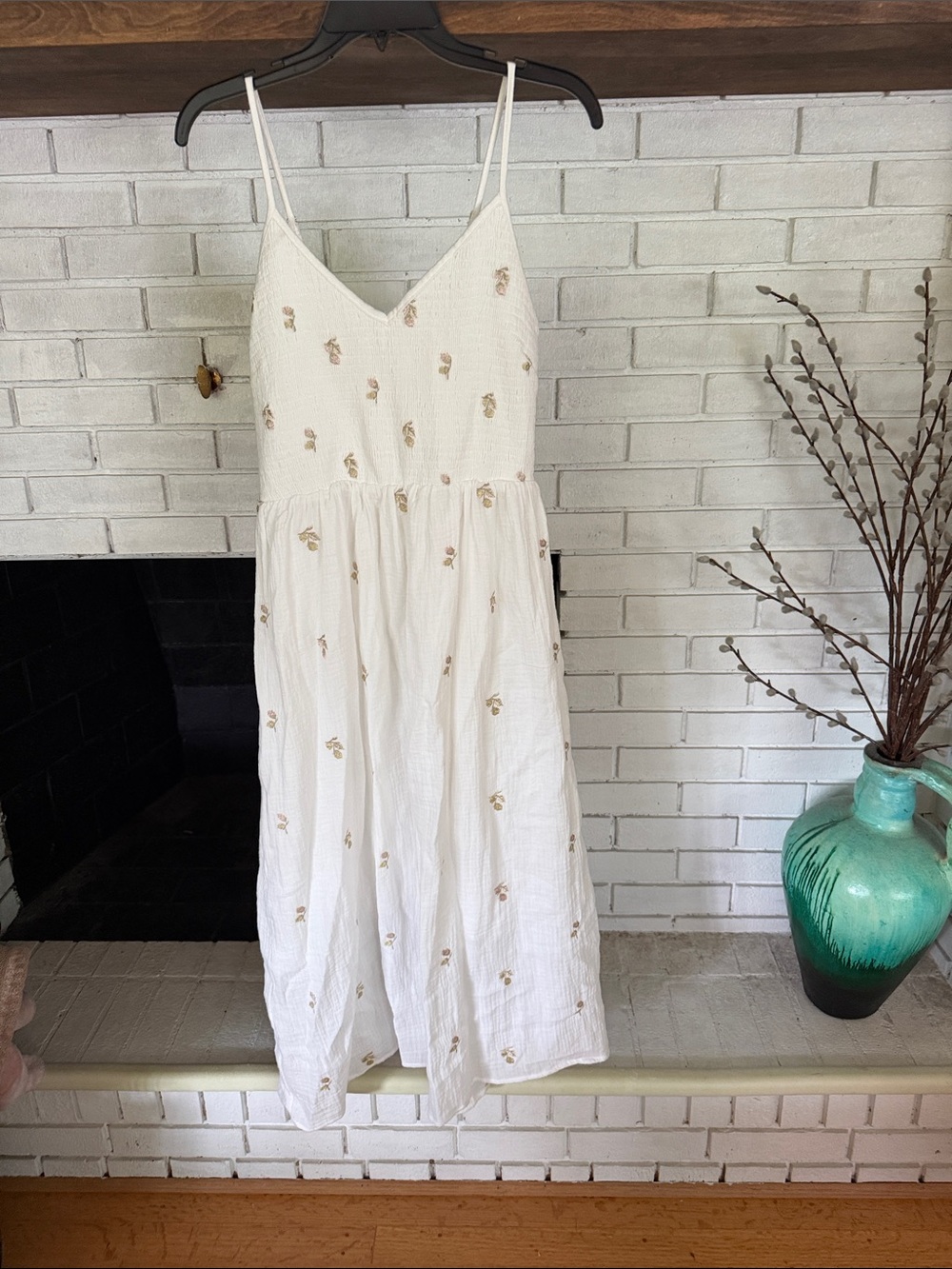 Mystree White Midi Dress with Beige Floral Embroidery